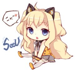  ahoge animal_ears blonde_hair blue_eyes bow chibi commentary_request female heart himaya long_hair oerba_yun_fang photoshop_(medium) seeu simple_background skirt solo star_(symbol) thighhighs vocaloid white_thighhighs 