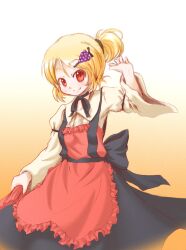  aki_minoriko alternate_hairstyle arinu blonde_hair commentary_request dress female food fruit grapes hair_ornament hand_up highres neck_ribbon no_headwear ponytail red_eyes ribbon short_hair smile solo touhou 