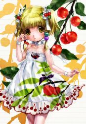  :o bare_arms bare_shoulders blonde_hair blush bow cherry cherry_hair_ornament cherry_print commentary_request dress female flower food food-themed_hair_ornament food_print fruit hair_flower hair_ornament hair_ribbon highres holding holding_food irui_guneden lolicon looking_at_viewer nakamura_kanko parted_lips print_dress ribbon short_hair short_twintails solo strapless strapless_dress super_robot_wars twintails white_bow white_dress white_ribbon wrist_cuffs yellow_eyes 