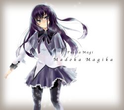  absurdres akemi_homura akemi_homura_(magical_girl) argyle_clothes argyle_legwear asakaya bad_id bad_pixiv_id black_hair black_pantyhose blue_eyes capelet female hairband highres long_hair magical_girl mahou_shoujo_madoka_magica mahou_shoujo_madoka_magica_(anime) pantyhose pleated_skirt purple_eyes ribbon skirt solo vignetting 