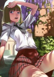  absurdres ahoge arm_up black_necktie blue_eyes bob_cut cosette_coalhearth day dress_shirt emblem female green_hair highres honjou_raita looking_at_viewer miniskirt necktie open_mouth outdoors photoshop_(medium) plaid plaid_skirt pleated_skirt red_skirt senjou_no_valkyria_(series) senjou_no_valkyria_2 shirt shirt_tucked_in short_hair short_sleeves skirt solo white_shirt 