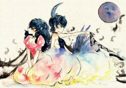  2girls ahoge back-to-back bad_id bad_pixiv_id ballerina ballet_slippers bare_shoulders black_hair choker dress dual_persona flower footwear_ribbon ichihana_mitsu_(asteroid) multiple_girls painting_(medium) princess_kraehe princess_tutu rue_(princess_tutu) sitting traditional_media tutu watercolor_(medium) 