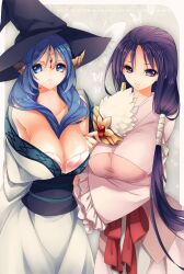  2girls bad_id bad_pixiv_id bare_shoulders blue_eyes blue_hair breasts cleavage etomai front_ponytail hat huge_breasts long_hair magi_the_labyrinth_of_magic multiple_girls purple_eyes purple_hair ren_hakuei witch_hat yamuraiha 