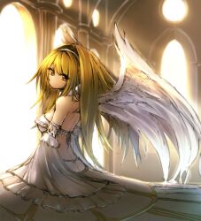  angel_wings bare_shoulders blonde_hair commentary_request detached_sleeves female garuku hair_intakes hairband long_hair looking_at_viewer original photoshop_(medium) skirt solo sunlight wings yellow_eyes 