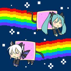  2girls :3 animal_ears aqua_eyes aqua_hair caffein cat_ears cat_tail chibi commentary hatsune_miku highres kemonomimi_mode long_hair meme multiple_girls nyan_cat nyanyanyanyanyanyanya!_(vocaloid) rainbow space tail teardrop twintails v-shaped_eyebrows vocaloid yowane_haku 