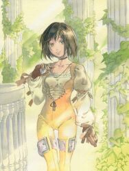  bodysuit brown_eyes brown_hair brush_(medium) choker color_ink_(medium) colored_pencil_(medium) commentary_request female final_fantasy final_fantasy_ix garnet_til_alexandros_xvii gloves head_tilt issun_boushi_(ilmtkimoti) jewelry light_rays light_smile necklace orange_bodysuit overgrown painting_(medium) pillar plant short_hair solo standing sunbeam sunlight traditional_media vines watercolor_(medium) watercolor_pencil_(medium) 