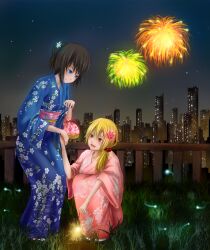  2girls :d aerial_fireworks black_hair blonde_hair blue_eyes blue_flower blue_kimono closed_mouth commentary_request fireflies fireworks floral_print floral_print_sash flower grass hair_bun hair_flower hair_ornament highres holding_hands japanese_clothes kimono kinchaku low_ponytail multiple_girls night night_sky obi open_mouth original photoshop_(medium) pink_flower pink_kimono pouch print_kimono red_eyes ren_(nyanyo) sash senkou_hanabi side_ponytail single_hair_bun sky skyline smile sparkler squatting standing star_(sky) summer_festival yukata 