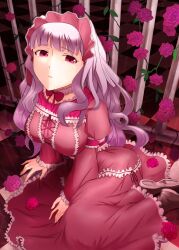  absurdres bad_id bad_pixiv_id breasts checkered_floor collarbone commentary_request dress emanon123 female flower frills grey_hair hairband highres idolmaster idolmaster_(classic) lace large_breasts long_hair photoshop_(medium) red_eyes rose shijou_takane shirt sitting solo taut_clothes taut_shirt yokozuwari 