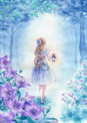  bellflower blonde_hair blue_dress bow chinese_bellflower colored_pencil_(medium) commentary_request dated dress eri-noa female flower forest from_behind hairbow lantern leaf long_hair nature night original painting_(medium) signature solo traditional_media tree walking watercolor_(medium) 