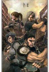  artist_request beret capcom chris_redfield claire_redfield fingerless_gloves gloves gun handgun hat jill_valentine knife leon_s_kennedy longai resident_evil resident_evil_2 resident_evil_5 weapon 