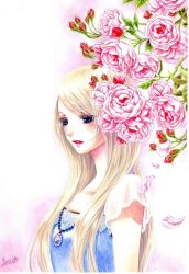  2010 acrylic_paint_(medium) blonde_hair blue_eyes colored_eyelashes colored_pencil_(medium) commentary_request eri-noa eyelashes female flower jewelry lace lips long_hair original painting_(medium) petals pink_flower pink_rose profile rose rose_petals short_sleeves signature solo traditional_media watercolor_(medium) 