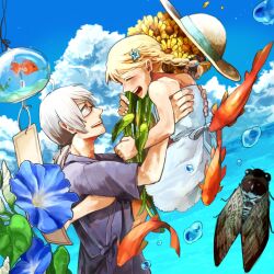  1boy armpit_carry bad_id bad_pixiv_id bespectacled blonde_hair braid bug carrying casual cicada dress female flower glasses happy hat highres kirisame_marisa lifting_person morichika_rinnosuke ponytail sundress sunflower touhou white_hair yoshio_(440) 