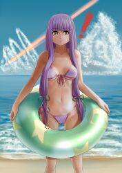  ! beach bikini breasts colony_drop commentary_request day energy_beam female front-tie_top hair_ribbon innertube long_hair medium_breasts navel ocean outdoors patchouli_knowledge purple_bikini purple_eyes purple_hair raybar ribbon side-tie_bikini_bottom solo swim_ring swimsuit touhou underboob water 