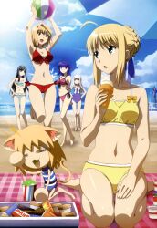  6+girls absurdres alternate_costume arcueid_brunestud artoria_pendragon_(fate) ball beach beachball bikini blonde_hair brain_freeze breasts carnival_phantasm casual_one-piece_swimsuit cleavage fate/stay_night fate_(series) flat_chest food front-tie_top green_eyes highres hirose_tomohito ice_cream illyasviel_von_einzbern kneeling long_hair matou_sakura medium_breasts multiple_girls neco-arc nyantype one-piece_swimsuit saber_(fate) scan side-tie_bikini_bottom swimsuit tankini tohno_akiha tsukihime type-moon white_hair 