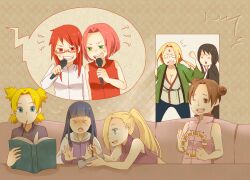  &gt;_&lt; 6+girls angry black_hair blonde_hair blue_eyes blue_hair book brown_eyes brown_hair closed_eyes double_bun facial_mark forehead_mark green_eyes hyuuga_hinata ino_yamanaka japanese_clothes karaoke karin_(naruto) long_hair microphone multiple_girls naruto naruto_shippuuden pink_hair pocky ponytail quad_tails red_eyes red_hair sakura_haruno segawa_akari shizune_(naruto) temari tenten tropical_96 tsunade wink 