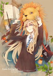  animal_hat animification blonde_hair blue_eyes book candle commentary_request cup dated female food fruit harry_potter_(series) hat hogwarts_school_uniform leaf lion lion_hat long_hair luna_lovegood necktie orange_(fruit) paper photoshop_(medium) pudding ravenclaw school_uniform scroll skyness solo wand wizarding_world 