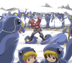  1boy 6+girls animal_costume bad_id bad_pixiv_id bird blush_stickers brown_eyes brown_hair bullying leg_hold lloyd_irving multiple_girls name_john no_nose open_mouth outdoors penguin penguin_costume penguinist pink_eyes pink_hair red_shirt shirt smile snow snowball snowball_fight standing tales_of_(series) tales_of_symphonia teamwork throwing 