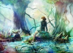  bare_legs barefoot bccp brown_hair commentary_request female from_behind highres kaze_no_tani_no_nausicaa nature nausicaa ohmu photoshop_(medium) sitting soaking_feet solo teto_(nausicaa) tree water 