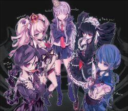  5girls black_hair black_thighhighs blue_eyes blue_hair boots bow braid celestia_ludenberg claw_ring commentary_request crossed_arms crown danganronpa:_trigger_happy_havoc danganronpa_(series) drill_hair english_text engrish_text enoshima_junko food fukawa_toko genocider_shou glasses hairbow ikusaba_mukuro kamaboko kirigiri_kyoko kitaya knee_boots knife long_hair maizono_sayaka md5_mismatch multiple_girls mushroom narutomaki nissin_cup_noodle noodles pink_hair purple_hair ranguage school_uniform scissors serafuku skirt sleeves_rolled_up thighhighs tongue twin_braids twin_drills twintails yandere 