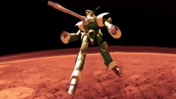  1980s_(style) alien antennae armor bad_id bad_pixiv_id cannon chest_cannon earth_(planet) energy_cannon flemenmik floating highres in_orbit macross macross:_do_you_remember_love? mars_(planet) mars_br mecha no_humans nousjadeul-ger photoshop_(medium) planet power_armor realistic redesign retro_artstyle robot science_fiction shoulder_cannon space zentradi zero_gravity 