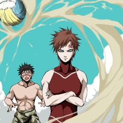  2boys akagi_soushi ball brothers facepaint facial_mark gaara kankuro kankurou_(naruto) lowres male male_focus multiple_boys muscle naruto red_hair sand scar siblings swimsuit topless volleyball 