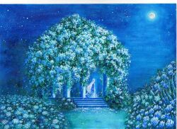  acrylic_paint_(medium) blue_sky blue_theme commentary_request eri-noa feline female field flower flower_field from_behind full_moon garden gazebo long_hair moon moonlight night night_sky original outdoors painting_(medium) petals plant rose rose_bush scenery sky solo stairs standing traditional_media very_long_hair white_flower white_hair white_rose 