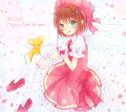  bad_id bad_pixiv_id brown_hair cardcaptor_sakura dress female glove_bow gloves green_eyes hat kero_(cardcaptor_sakura) kinomoto_sakura kinomoto_sakura_(magic_dream_costume) konayuki pink_hat short_hair solo_focus thighhighs white_gloves wings 