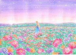  blonde_hair blue_dress blue_flower commentary_request crescent_moon dew_drop dress eri-noa female field flower flower_field from_side moon orange_flower original outdoors painting_(medium) pink_flower profile purple_flower purple_sky sky solo standing star_(sky) starry_sky traditional_media twilight water_drop watercolor_(medium) wreath 