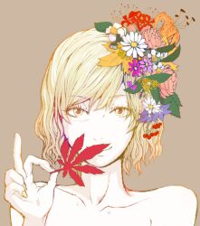  aki_shizuha alternate_hair_ornament alternate_hairstyle bad_id bad_pixiv_id bare_shoulders bellflower blonde_hair brown_background bud camellia chinese_bellflower collarbone cosmos_(flower) covering_own_mouth daisy eyelashes female fingernails flower flower_on_head gold_osmanthus hair_flower hair_ornament hand_up hands holding holding_leaf leaf leaf_hair_ornament lily_(flower) looking_at_viewer maki_(huran) maple_leaf nail_polish orange_flower osmanthus pink_flower pink_rose portrait purple_flower red_flower rose rowan short_hair simple_background smile smirk solo spider_lily straight-on swept_bangs tiger_lily touhou white_flower yellow_eyes yellow_nails 