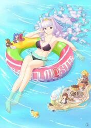  6+girls absurdres afloat amami_haruka barefoot bikini breasts cake checkerboard_cookie cherry chibi cleavage commentary_request cookie crazy_straw drink drinking_straw feet floating_hair food front-tie_top fruit glass hairband highres hoshii_miki idolmaster idolmaster_(classic) innertube jar kisaragi_chihaya large_breasts light_purple_hair long_hair maid minase_iori mini_person minigirl moonhackle multiple_girls navel purple_eyes rubber_duck shijou_takane side-tie_bikini_bottom signature sleeping smile spoon string_bikini swim_ring swimsuit takatsuki_yayoi very_long_hair water wavy_hair 