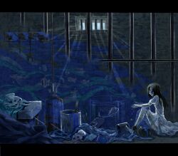  ball_and_chain_restraint bandages black_hair buttons commentary_request doll female fish highres injury janis_(hainegom) jar letterboxed long_hair original paint paintbrush painting_(action) prison shell sitting solo squid stone 