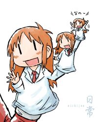  3girls :d bad_id bad_pixiv_id blonde_hair hand_puppet kotobuki_(tiny_life) lab_coat long_hair multiple_girls necktie nichijou open_mouth professor_shinonome puppet recursion smile |_| 