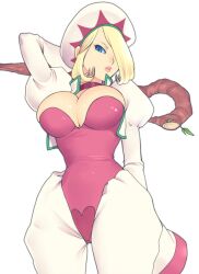  blonde_hair blue_eyes breasts cleavage female hair_over_one_eye hat large_breasts lips mage original short_hair sleeves_past_wrist sleeves_past_wrists solo tokisige wand 