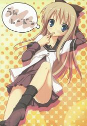  absurdres arm_behind_head black_legwear blonde_hair blue_eyes eating footwear highres long_hair ochinsama scan school_uniform socks solo thought_bubble toshinou_kyouko yuru_yuri 