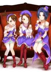  3girls :d :o absurdres arm_support bare_shoulders billion_(billion0103) blue_eyes blush boots brown_hair commentary_request crossed_arms crossed_legs futami_ami hairband hand_on_own_face hat highres idolmaster idolmaster_(classic) knee_boots long_hair looking_at_viewer minase_iori mini_hat mini_top_hat miura_azusa multiple_girls one_eye_closed one_side_up open_mouth palace_of_dragon_(idolmaster) red_eyes ryuuguu_komachi_(idolmaster) short_hair shorts single_thighhigh sitting smile stuffed_animal stuffed_rabbit stuffed_toy thigh_boots thighhighs top_hat usa-chan_(idolmaster) waving wrist_cuffs 