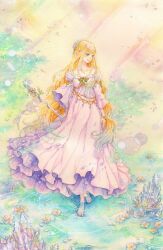  barefoot blonde_hair commentary_request crystal dress eri-noa female flower hair_ornament jewelry long_hair original painting_(medium) pale_color petals solo staff traditional_media wading water watercolor_(medium) white_dress 