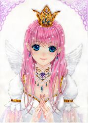  angel_wings blue_eyes commentary_request crown dress earrings eri-noa eyelashes female jewelry lace lace_background original own_hands_clasped own_hands_together painting_(medium) pink_hair princess puffy_sleeves short_sleeves smile solo traditional_media watercolor_(medium) white_dress wings 