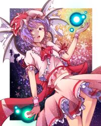  ascot bad_id bad_pixiv_id bat_wings female hat highres light_purple_hair mizuki_(ekakichan) pink_eyes pointy_ears remilia_scarlet short_hair solo torn_wings touhou wings wrist_cuffs 