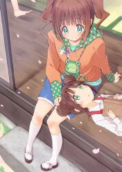  2girls :o absurdres bad_id bad_pixiv_id bag barefoot book brown_hair chika_(orange_pop) double_bun frog green_eyes hair_bun handbag highres hood hoodie idolmaster idolmaster_(classic) lap_pillow multiple_girls open_mouth orange_hair petals sandals shorts siblings sisters smile socks takatsuki_kasumi takatsuki_yayoi twintails 