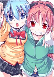  2girls blue_eyes blue_hair cellphone cellphone_photo commentary_request food hair_ribbon hood hoodie long_hair mad_(hazukiken) mahou_shoujo_madoka_magica mahou_shoujo_madoka_magica_(anime) miki_sayaka mitakihara_school_uniform mouth_hold multiple_girls navel phone plaid plaid_skirt pleated_skirt pocky ponytail red_eyes red_hair ribbon sakura_kyoko school_uniform short_hair shorts skirt smile 