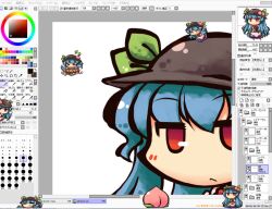  blue_hair chibi commentary_request desktop_mascot falling female food fruit hat hinanawi_tenshi leaf multiple_persona no_nose okome_(kome_kuma) painttool_sai peach red_eyes shimeji_(desktop_mascot) touhou 