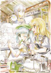  2girls bench_vise blonde_hair blue_hair blueprint_(object) braid commentary_request compass cucumber cup gintama glasses green_eyes hair_bobbles hair_ornament hair_ribbon hat heart highres justaway kappa kawashiro_nitori kirisame_marisa lamp master_(4th) mechanical_pencil morichika_rinnosuke mug multiple_girls one_eye_closed overalls painting_(medium) pencil protractor red_eyes ribbon ruler sayonara_zetsubou_sensei short_hair short_sleeves sleeveless smile suspenders touhou traditional_media two_side_up watercolor_(medium) white_hair 