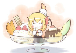  :3 :t ^_^ bad_id bad_pixiv_id blonde_hair blush cake cherry chibi closed_eyes cupcake dessert eating female food fruit hair_ribbon ice_cream in_food melon mini_person minigirl orange_(fruit) pudding ribbon rumia short_hair solo south114 strawberry touhou 