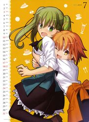  2girls :d absurdres apron black_pantyhose blush calendar_(medium) green_eyes green_hair hibino_hibiki highres hug hug_from_behind july katsuragi_chikagi mahou_tsukai_no_hako multiple_girls one_eye_closed open_mouth orange_hair pantyhose short_hair smile sweatdrop takeuchi_takashi twintails waitress yellow_eyes 