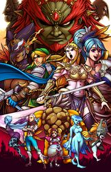  4boys 6+girls agitha alternate_costume armor armored_dress breasts cia_(hyrule_warriors) cleavage commentary dark_skin darunia english_commentary fi_(zelda) ganondorf ghirahim goron holding holding_sword holding_weapon hyrule_warriors impa jmanvelez lana_(hyrule_warriors) large_breasts left-handed link master_sword midna monster_girl multiple_boys multiple_girls open_mouth pantyhose princess_ruto princess_zelda sheik sheikah shouting sword the_legend_of_zelda the_legend_of_zelda:_ocarina_of_time the_legend_of_zelda:_skyward_sword the_legend_of_zelda:_twilight_princess weapon zant 