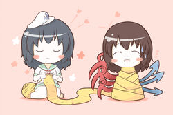  2girls ^_^ bad_id bad_pixiv_id black_hair blush_stickers brown_hair chibi closed_eyes hat heart houjuu_nue knitting knitting_needle multiple_girls murasa_minamitsu needle sailor sailor_hat scarf short_hair shorts south114 sweatdrop touhou wings yarn yarn_ball 