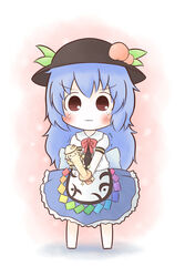  bad_id bad_pixiv_id blue_hair blush chibi female food fruit hat hinanawi_tenshi long_hair peach red_eyes solo south114 sword sword_of_hisou touhou trembling weapon 