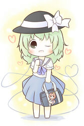  alternate_costume bad_id bad_pixiv_id cameo character_doll chibi contemporary doll female hat heart heart_of_string komeiji_koishi komeiji_satori one_eye_closed school_uniform solo south114 touhou 