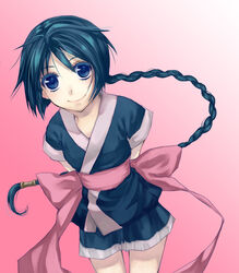  arms_behind arms_behind_back black_eyes black_hair braid female female gradient gradient_background japanese_clothes long_hair makimachi_misao ninja pink_ribbon ribbon rurouni_kenshin single_braid solo 