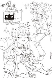  :3 :d ^_^ absurdres ahoge animal_ear_fluff animal_ears bare_shoulders box cat_ears closed_eyes crop_top detached_sleeves female genshin_impact greyscale half_updo highres kirara_(cat)_(genshin_impact) kirara_(genshin_impact) line_art long_hair long_sleeves midriff miniskirt monochrome multiple_views navel open_mouth pinepin simple_background skirt smile stomach white_background 